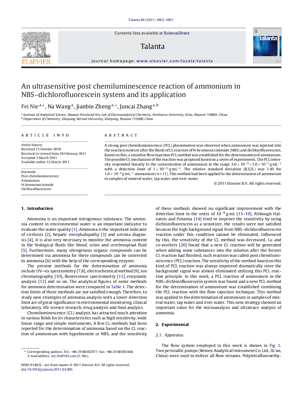 An ultrasensitive post chemiluminescence reaction of ammonium in NBS-dichlorofluorescein system and its application