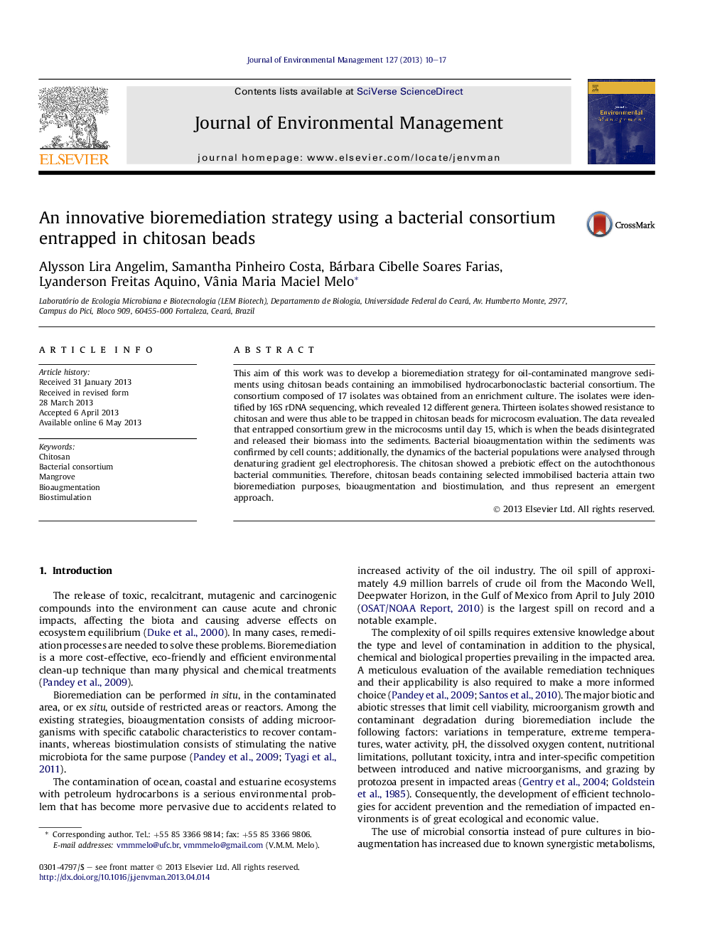 An innovative bioremediation strategy using a bacterial consortium entrapped in chitosan beads