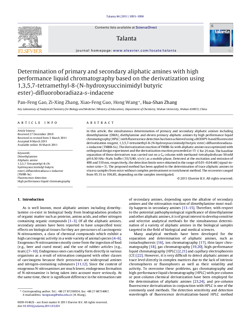 Determination of primary and secondary aliphatic amines with high performance liquid chromatography based on the derivatization using 1,3,5,7-tetramethyl-8-(N-hydroxysuccinimidyl butyric ester)-difluoroboradiaza-s-indacene