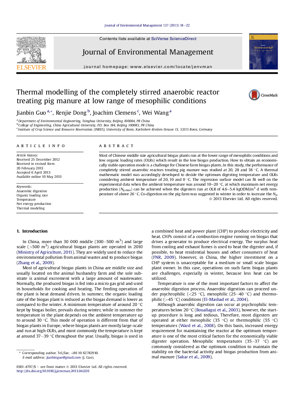 Thermal modelling of the completely stirred anaerobic reactor treating pig manure at low range of mesophilic conditions