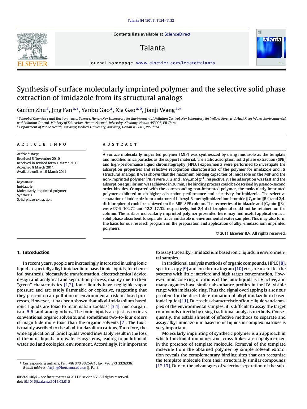 Synthesis of surface molecularly imprinted polymer and the selective solid phase extraction of imidazole from its structural analogs