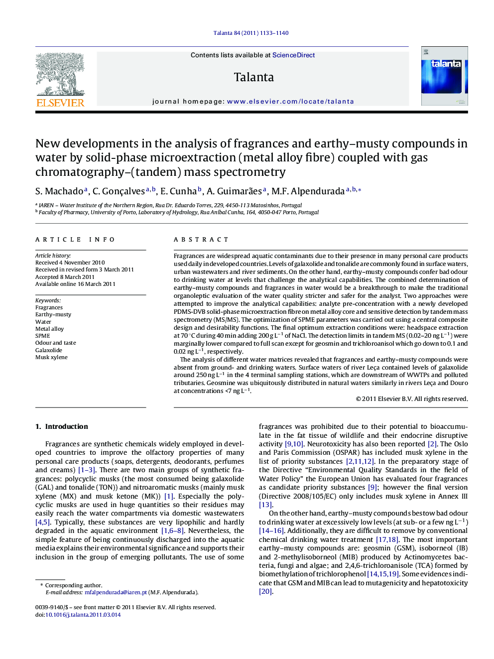 New developments in the analysis of fragrances and earthy-musty compounds in water by solid-phase microextraction (metal alloy fibre) coupled with gas chromatography-(tandem) mass spectrometry