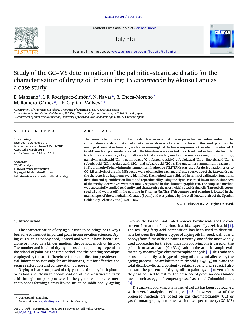 Study of the GC-MS determination of the palmitic-stearic acid ratio for the characterisation of drying oil in painting: La Encarnación by Alonso Cano as a case study