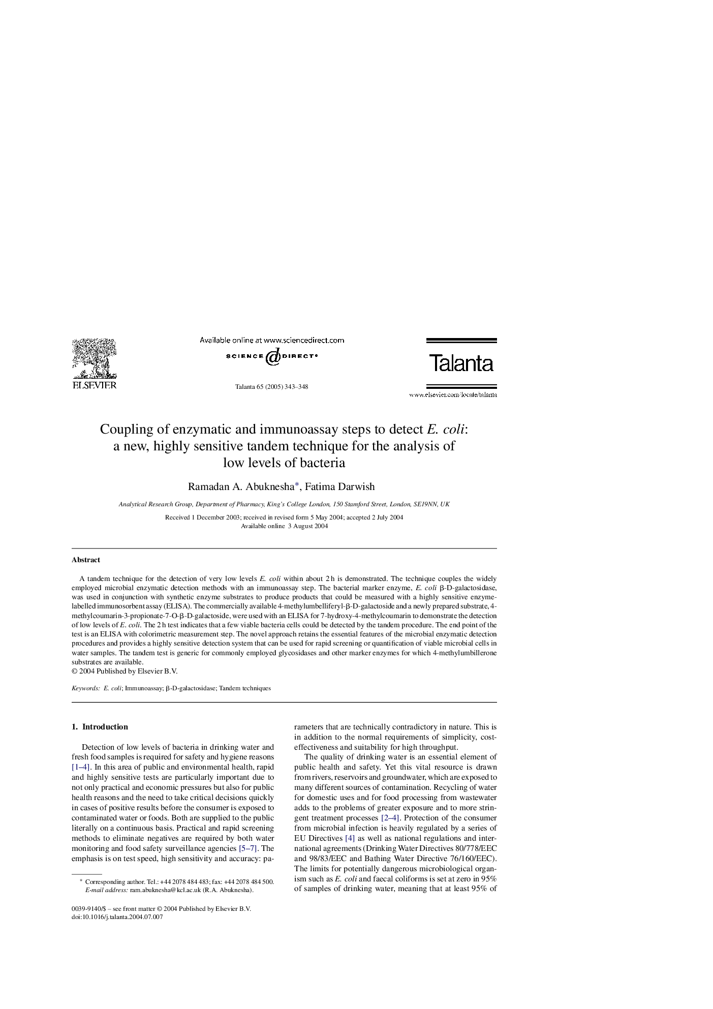 Coupling of enzymatic and immunoassay steps to detect E. coli: a new, highly sensitive tandem technique for the analysis of low levels of bacteria