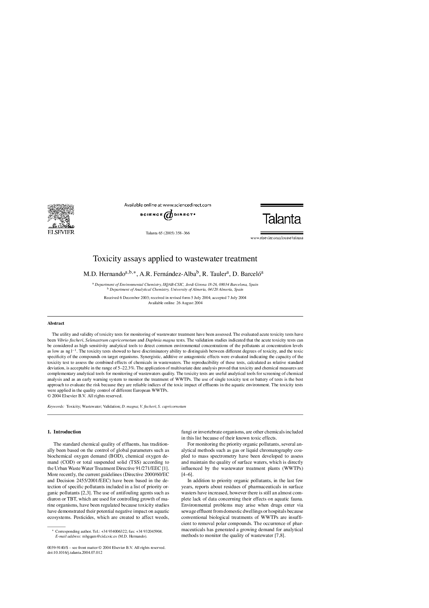 Toxicity assays applied to wastewater treatment