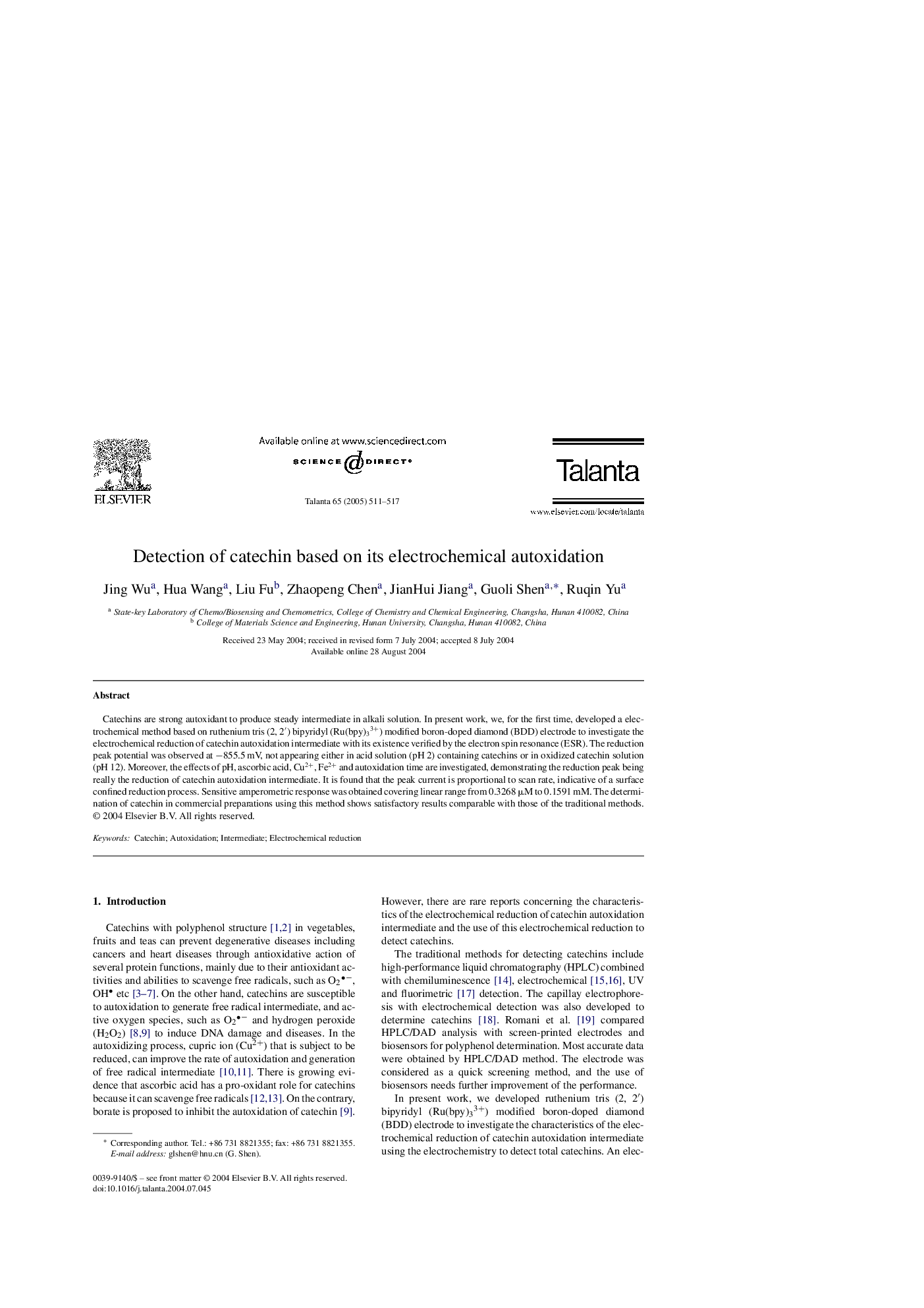 Detection of catechin based on its electrochemical autoxidation