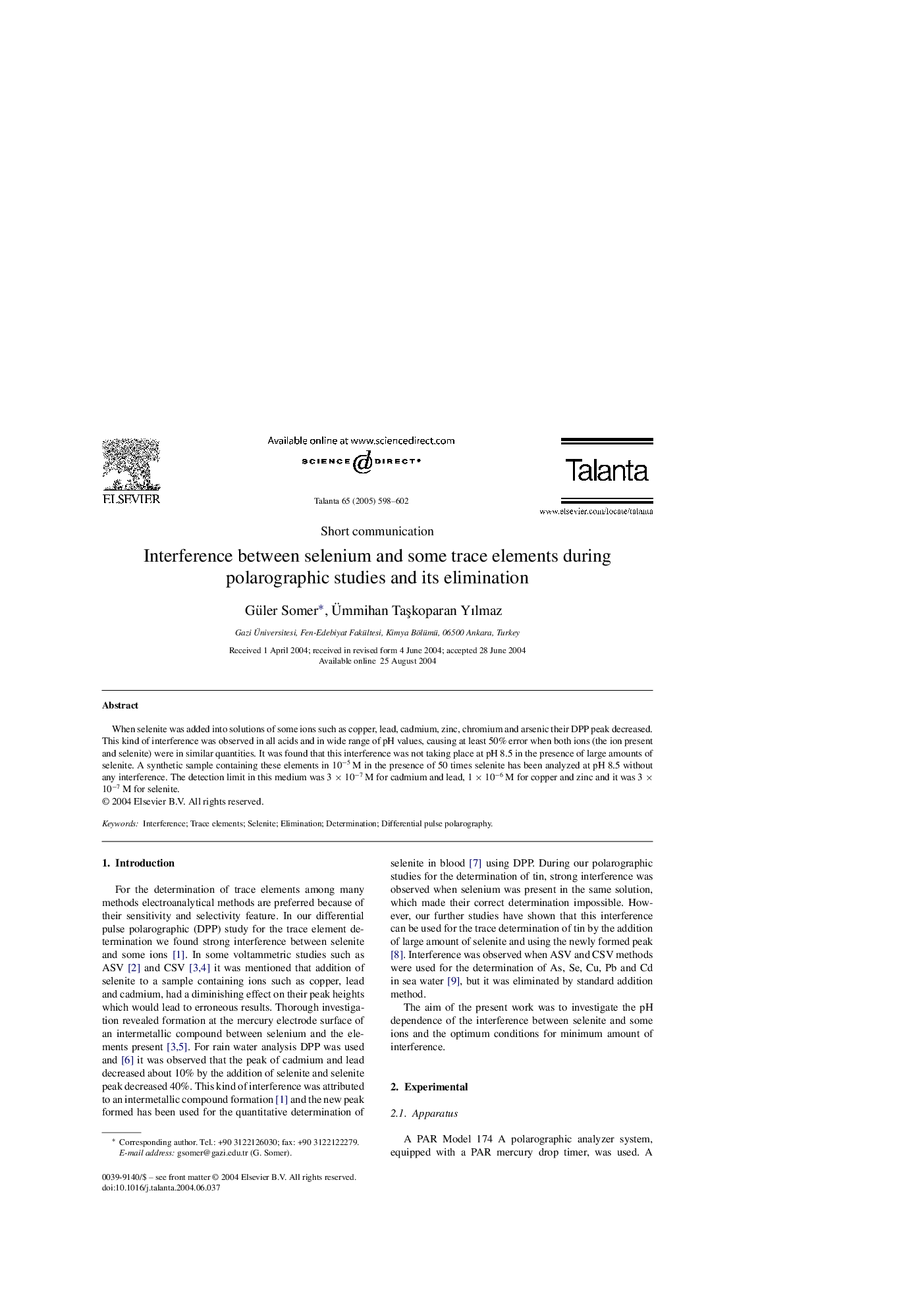 Interference between selenium and some trace elements during polarographic studies and its elimination