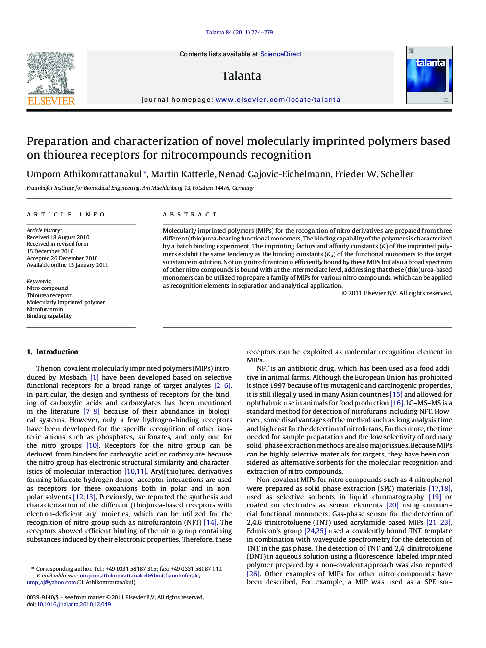 Preparation and characterization of novel molecularly imprinted polymers based on thiourea receptors for nitrocompounds recognition