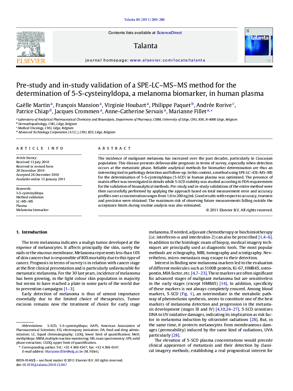 Pre-study and in-study validation of a SPE-LC-MS-MS method for the determination of 5-S-cysteinyldopa, a melanoma biomarker, in human plasma