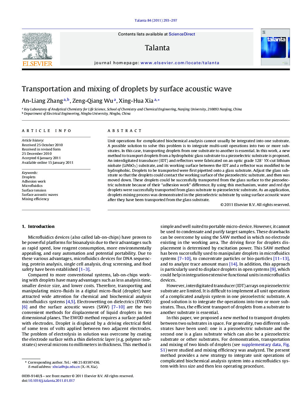 Transportation and mixing of droplets by surface acoustic wave