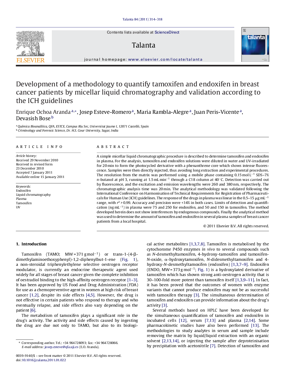 Development of a methodology to quantify tamoxifen and endoxifen in breast cancer patients by micellar liquid chromatography and validation according to the ICH guidelines