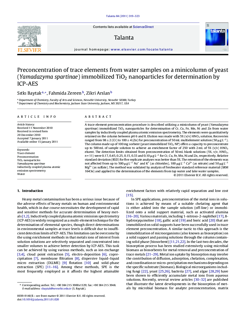 Preconcentration of trace elements from water samples on a minicolumn of yeast (Yamadazyma spartinae) immobilized TiO2 nanoparticles for determination by ICP-AES