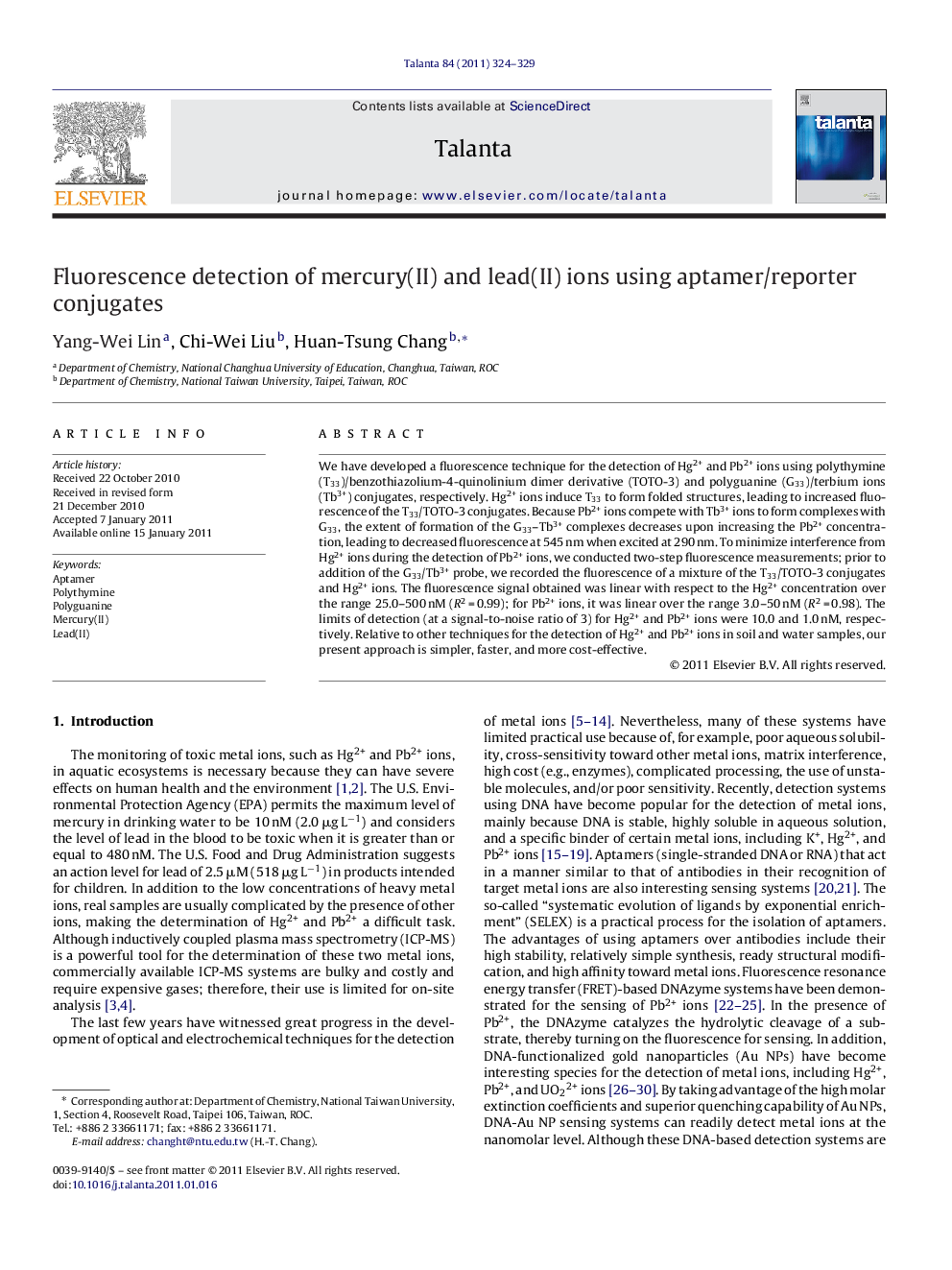 Fluorescence detection of mercury(II) and lead(II) ions using aptamer/reporter conjugates