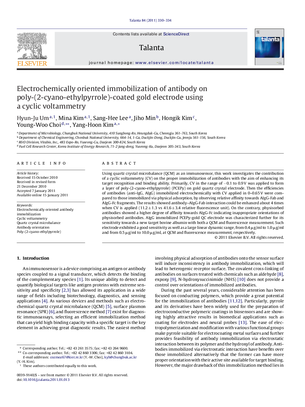 Electrochemically oriented immobilization of antibody on poly-(2-cyano-ethylpyrrole)-coated gold electrode using a cyclic voltammetry