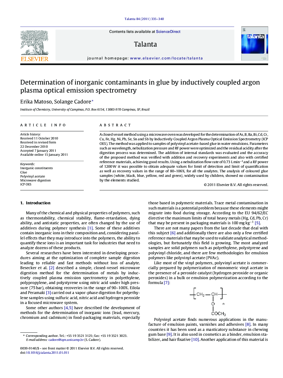 Determination of inorganic contaminants in glue by inductively coupled argon plasma optical emission spectrometry