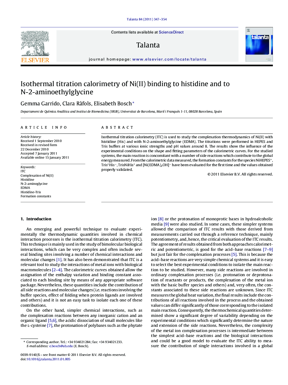 Isothermal titration calorimetry of Ni(II) binding to histidine and to N-2-aminoethylglycine