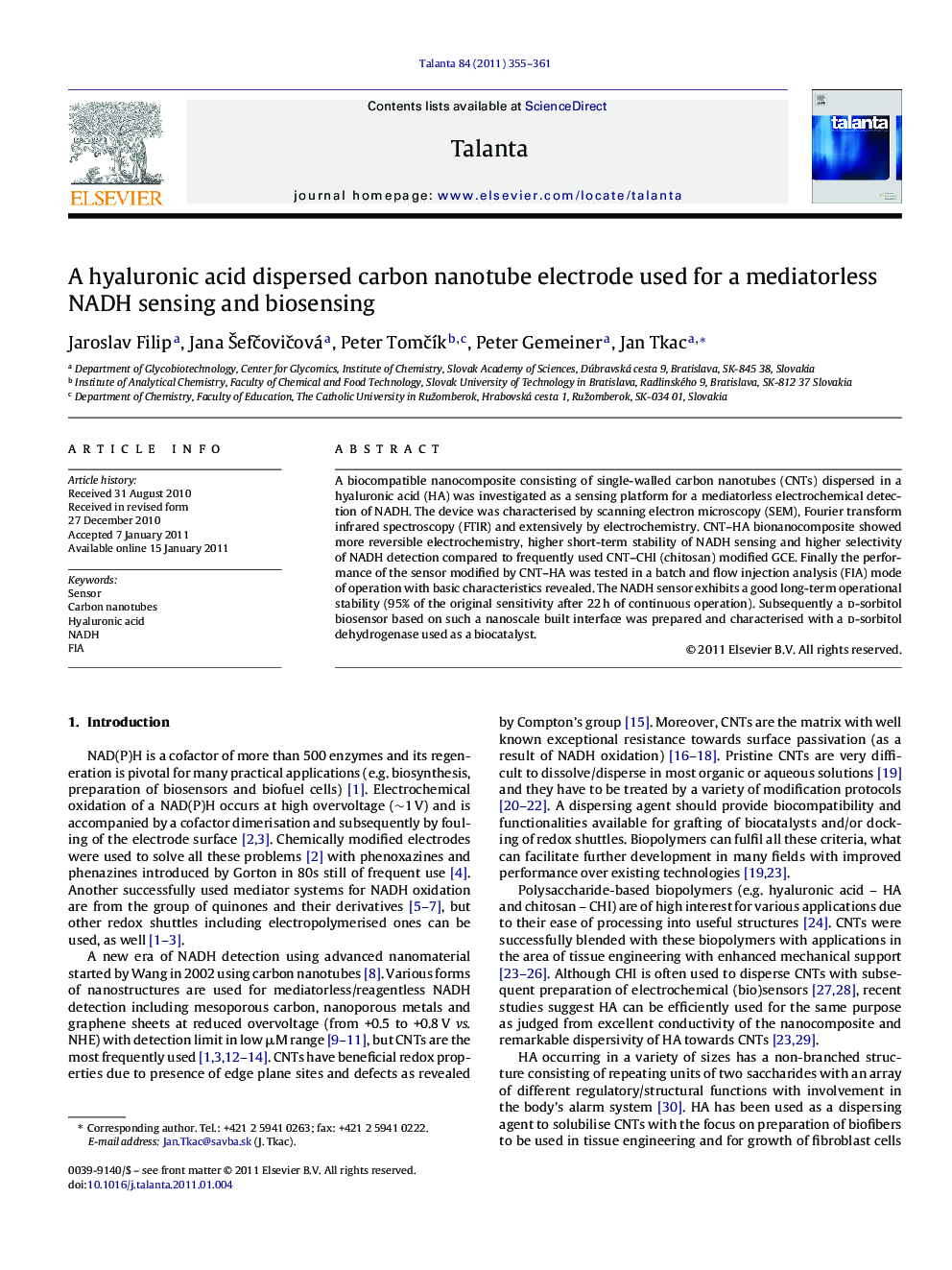 A hyaluronic acid dispersed carbon nanotube electrode used for a mediatorless NADH sensing and biosensing