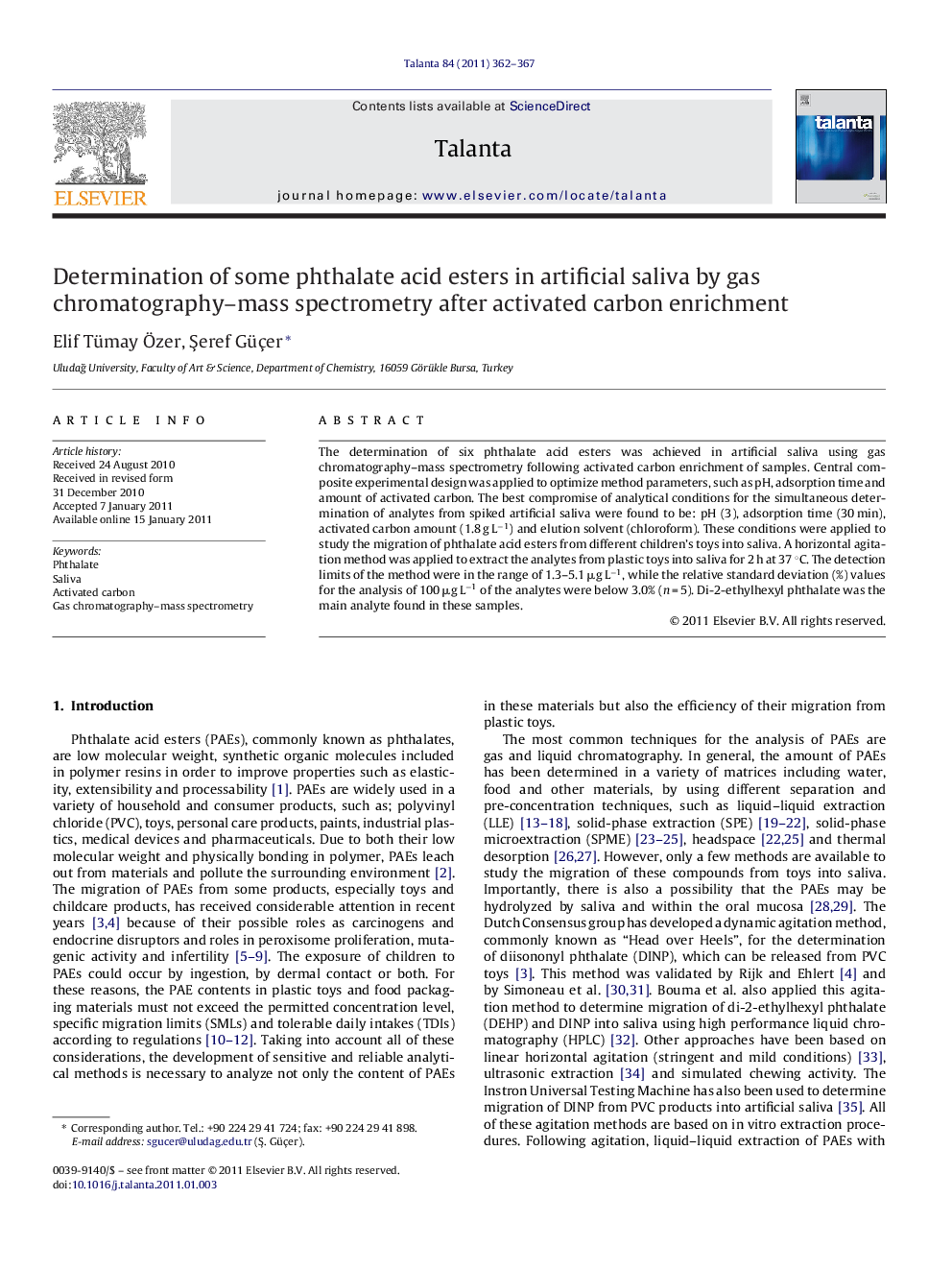 Determination of some phthalate acid esters in artificial saliva by gas chromatography-mass spectrometry after activated carbon enrichment