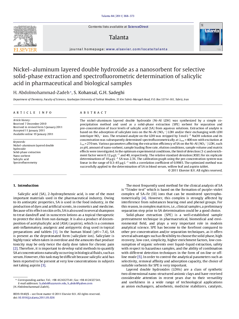 Nickel-aluminum layered double hydroxide as a nanosorbent for selective solid-phase extraction and spectrofluorometric determination of salicylic acid in pharmaceutical and biological samples