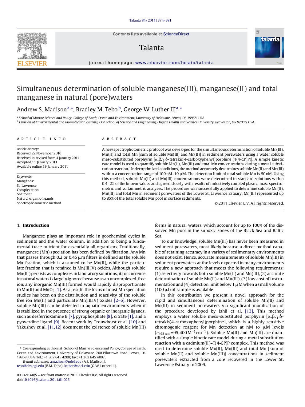 Simultaneous determination of soluble manganese(III), manganese(II) and total manganese in natural (pore)waters