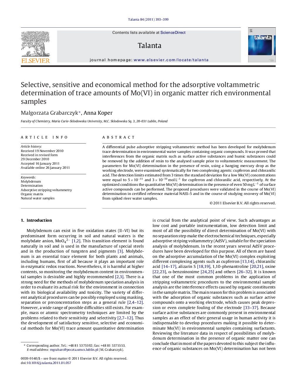 Selective, sensitive and economical method for the adsorptive voltammetric determination of trace amounts of Mo(VI) in organic matter rich environmental samples