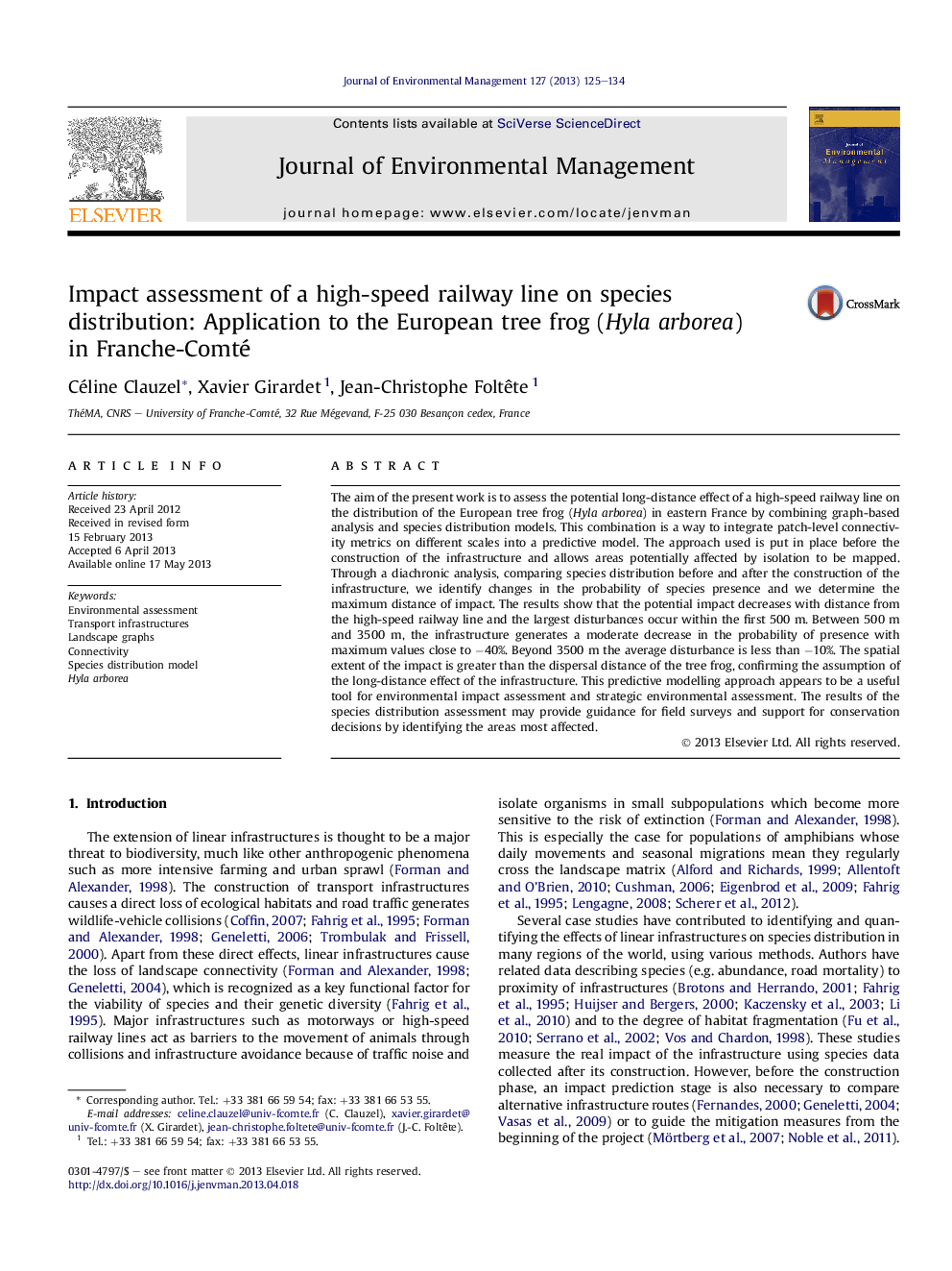 Impact assessment of a high-speed railway line on species distribution: Application to the European tree frog (Hyla arborea) in Franche-Comté