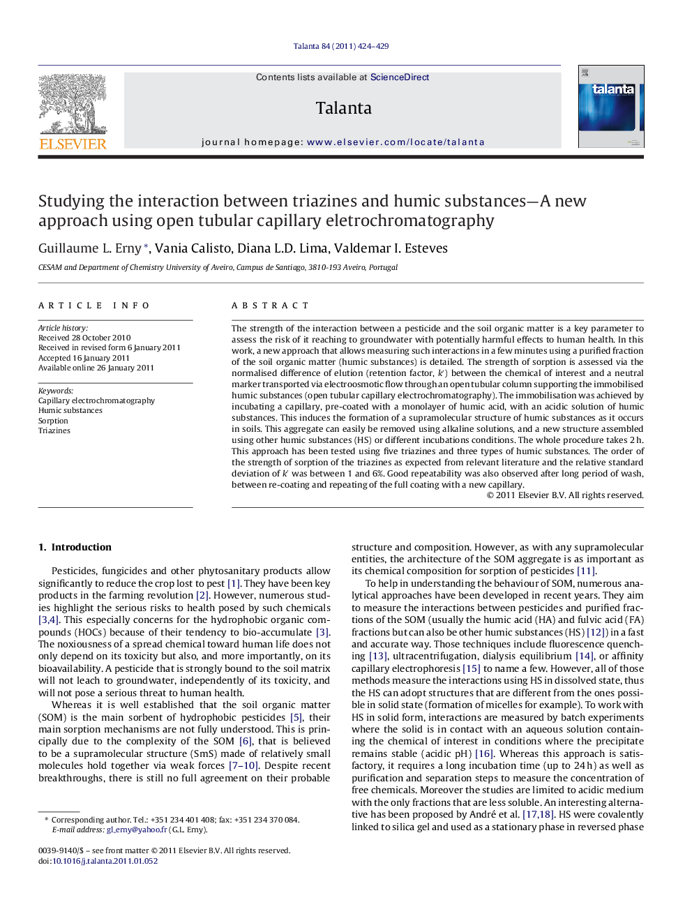 Studying the interaction between triazines and humic substances-A new approach using open tubular capillary eletrochromatography