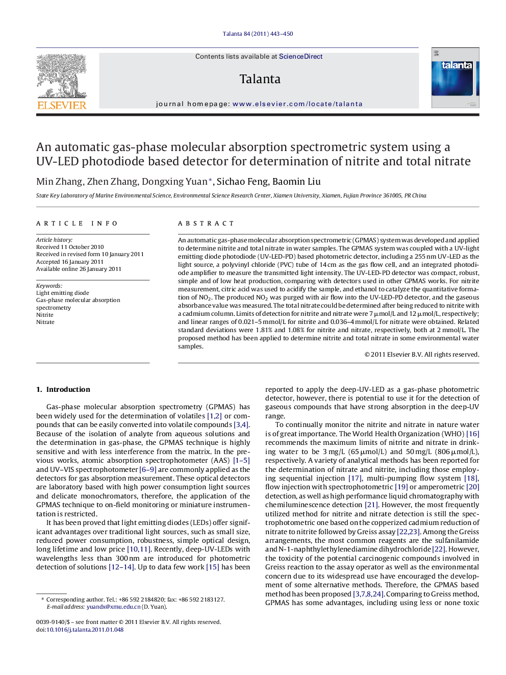 An automatic gas-phase molecular absorption spectrometric system using a UV-LED photodiode based detector for determination of nitrite and total nitrate