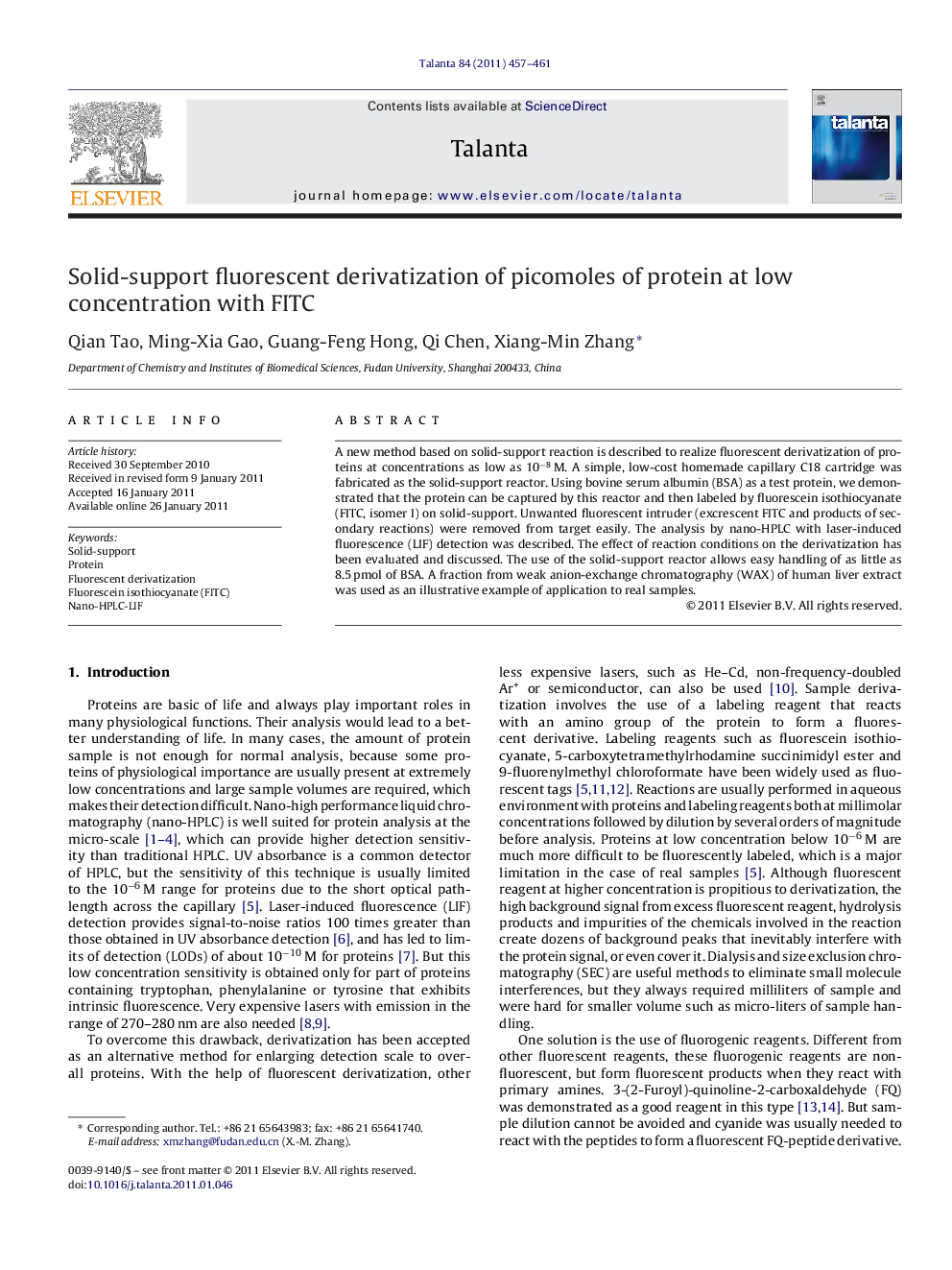 Solid-support fluorescent derivatization of picomoles of protein at low concentration with FITC