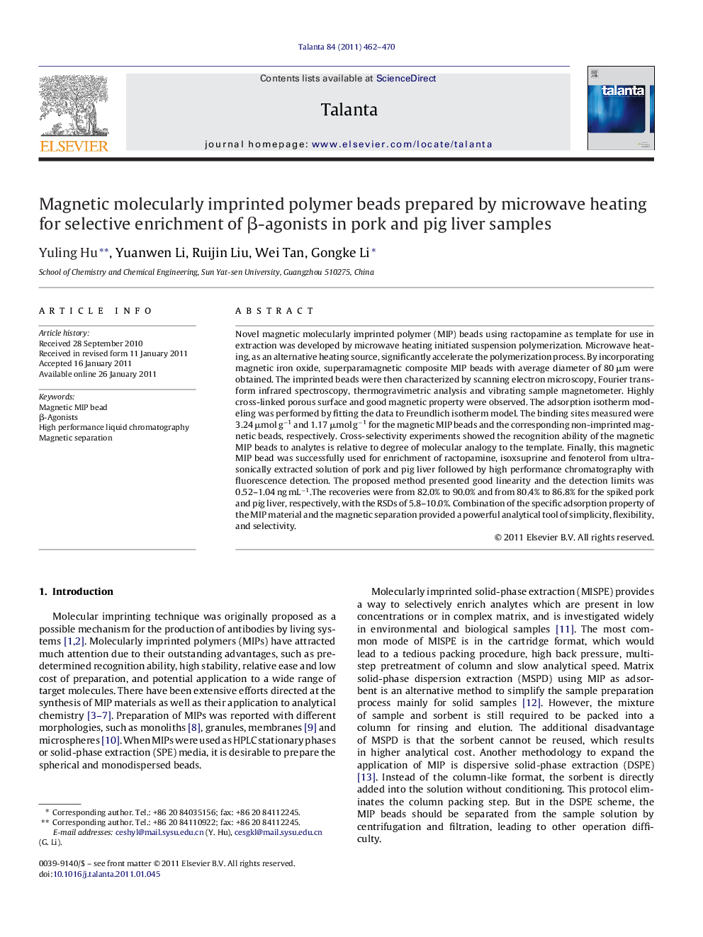 Magnetic molecularly imprinted polymer beads prepared by microwave heating for selective enrichment of Î²-agonists in pork and pig liver samples