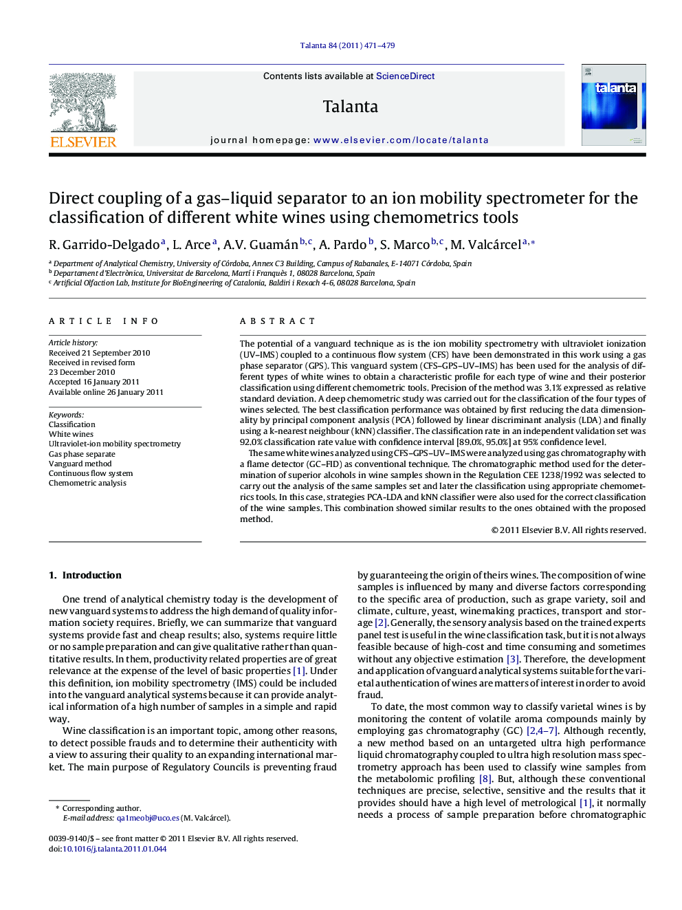 Direct coupling of a gas-liquid separator to an ion mobility spectrometer for the classification of different white wines using chemometrics tools