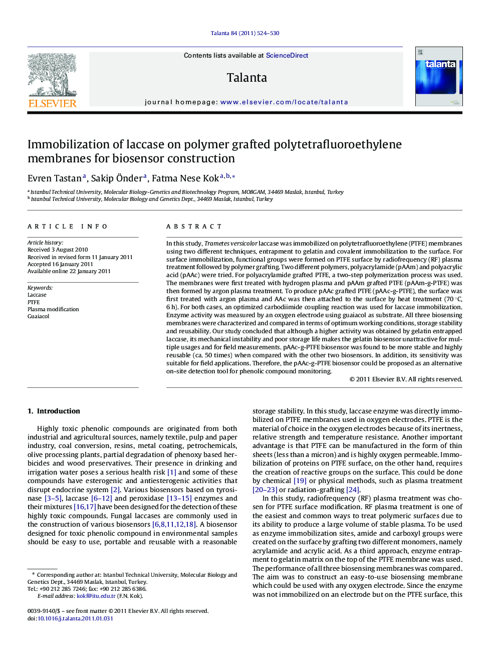 Immobilization of laccase on polymer grafted polytetrafluoroethylene membranes for biosensor construction