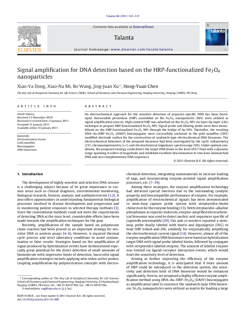 Signal amplification for DNA detection based on the HRP-functionalized Fe3O4 nanoparticles