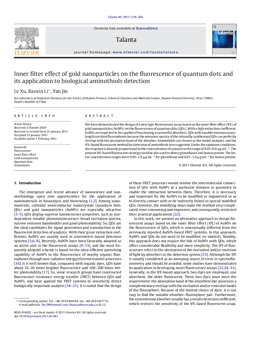 Inner filter effect of gold nanoparticles on the fluorescence of quantum dots and its application to biological aminothiols detection