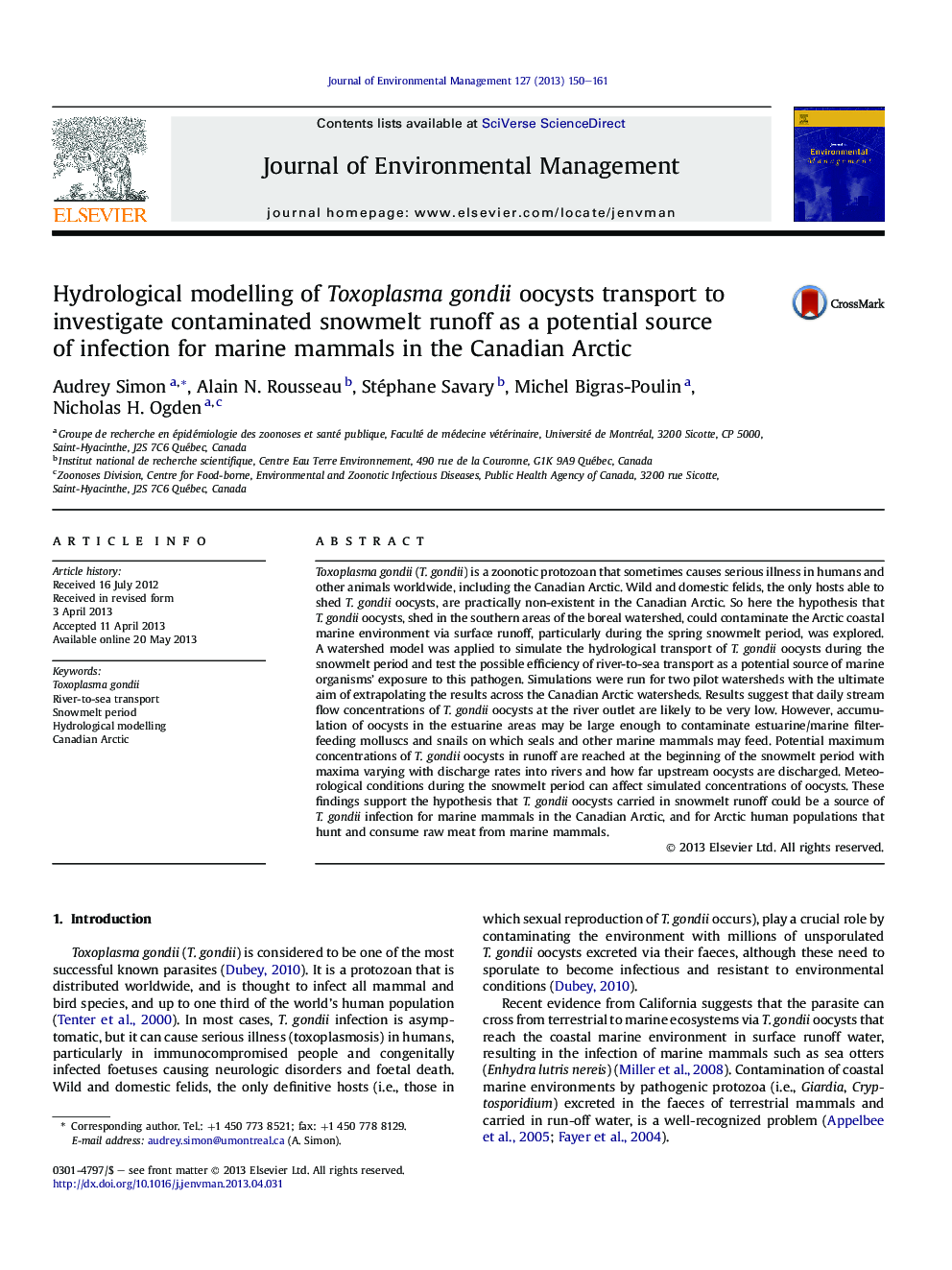 Hydrological modelling of Toxoplasma gondii oocysts transport to investigate contaminated snowmelt runoff as a potential source of infection for marine mammals in the Canadian Arctic