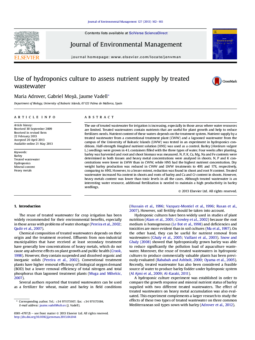 Use of hydroponics culture to assess nutrient supply by treated wastewater