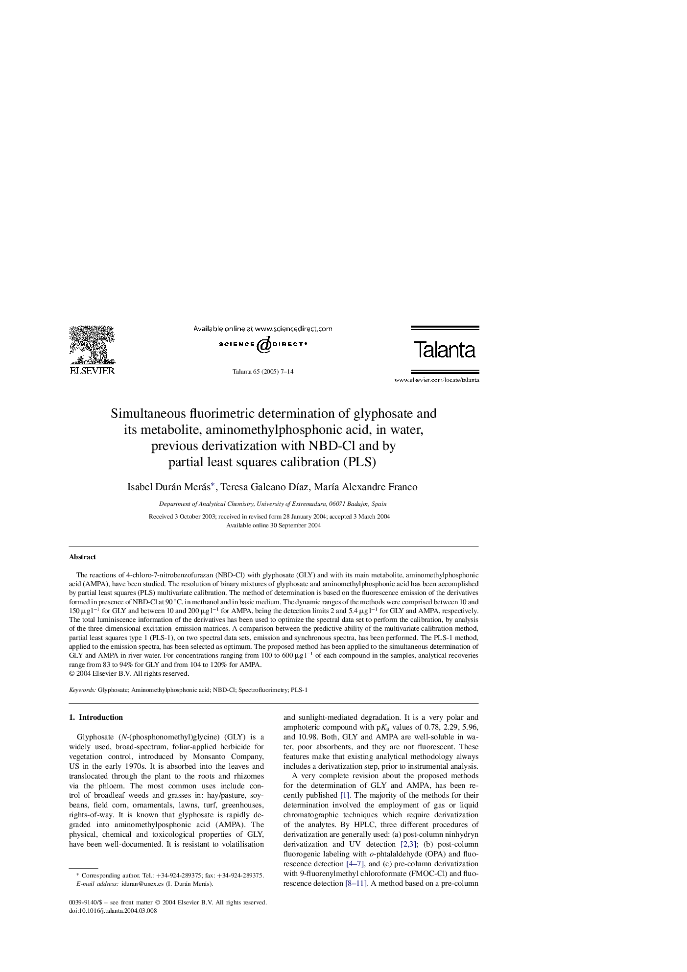 Simultaneous fluorimetric determination of glyphosate and its metabolite, aminomethylphosphonic acid, in water, previous derivatization with NBD-Cl and by partial least squares calibration (PLS)