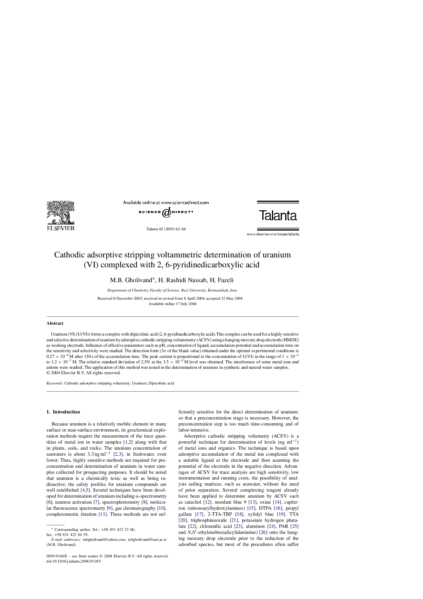 Cathodic adsorptive stripping voltammetric determination of uranium (VI) complexed with 2, 6-pyridinedicarboxylic acid