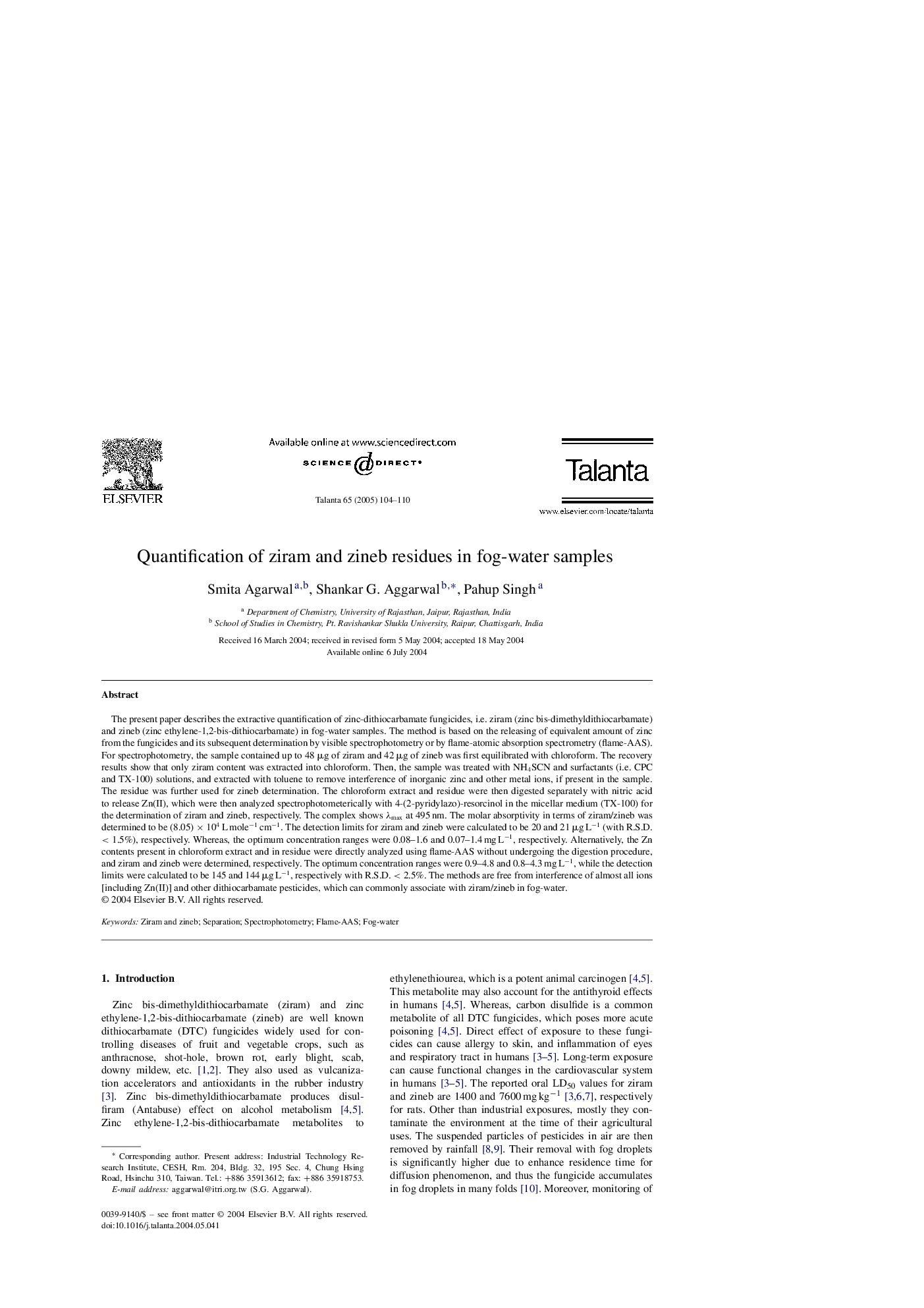 Quantification of ziram and zineb residues in fog-water samples