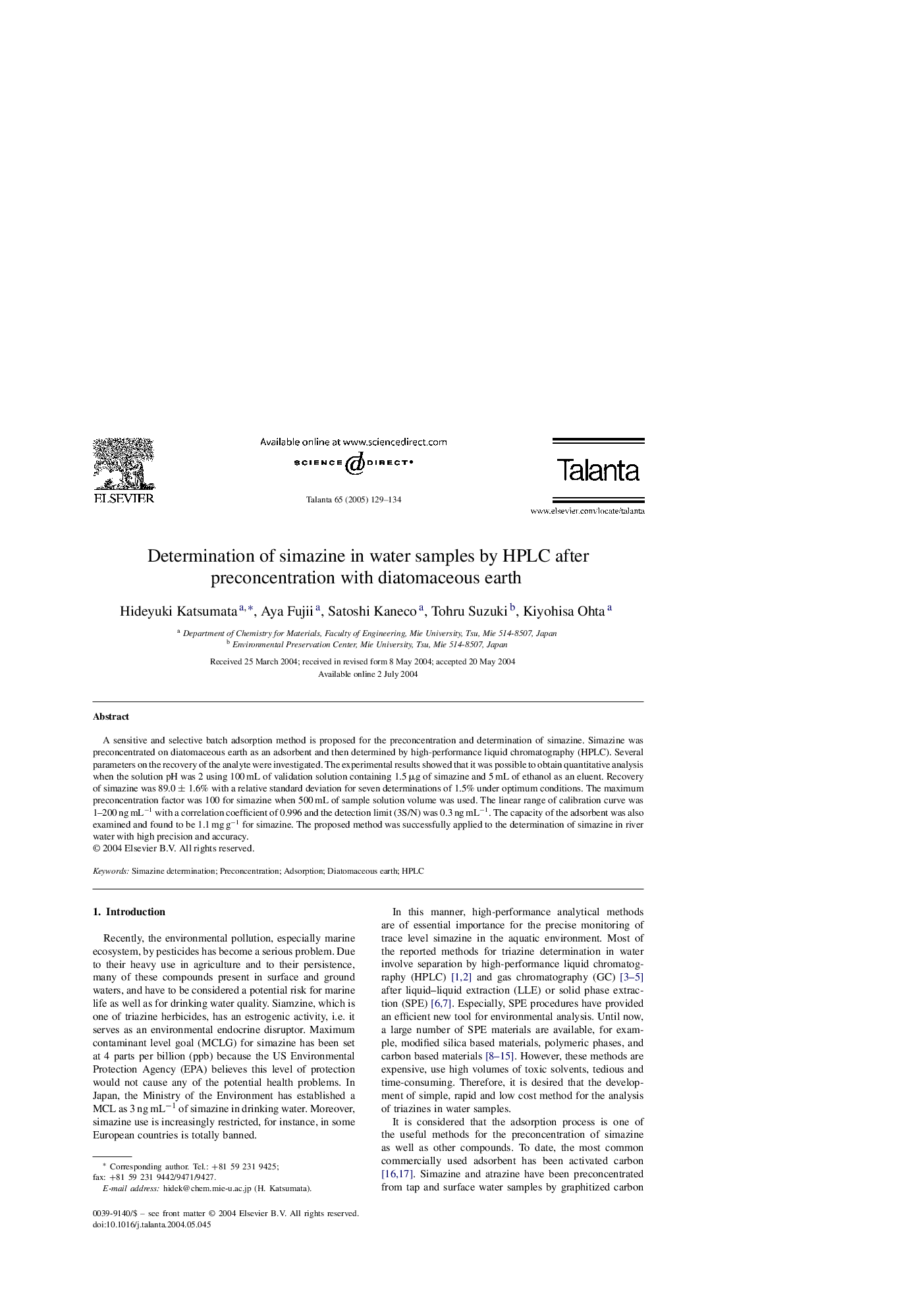 Determination of simazine in water samples by HPLC after preconcentration with diatomaceous earth