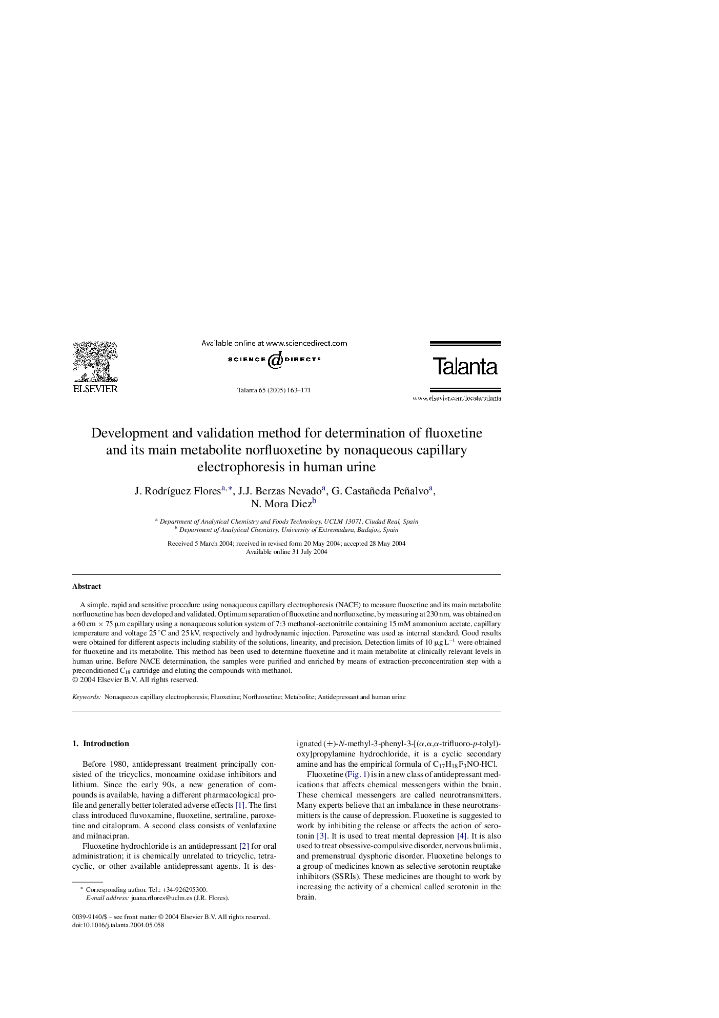 Development and validation method for determination of fluoxetine and its main metabolite norfluoxetine by nonaqueous capillary electrophoresis in human urine