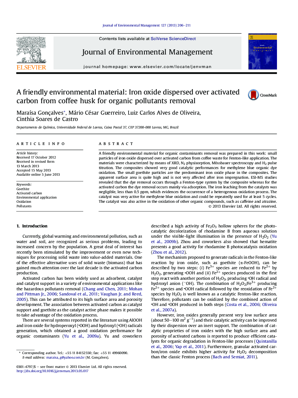 A friendly environmental material: Iron oxide dispersed over activated carbon from coffee husk for organic pollutants removal