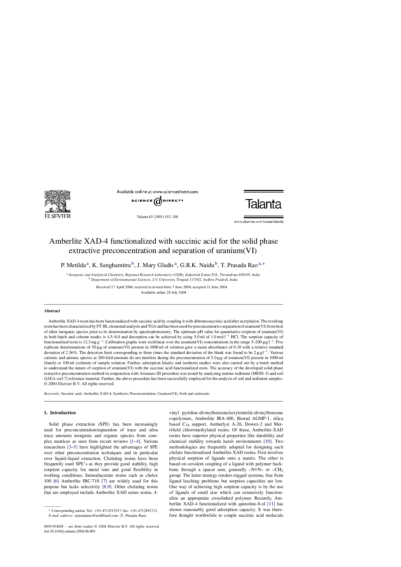 Amberlite XAD-4 functionalized with succinic acid for the solid phase extractive preconcentration and separation of uranium(VI)