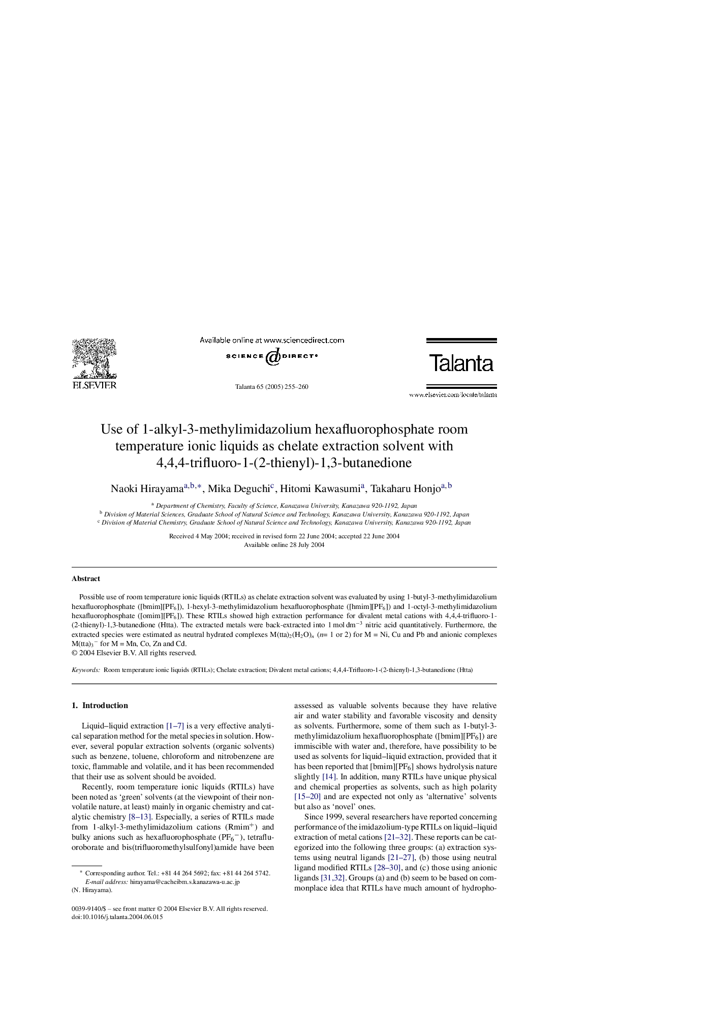 Use of 1-alkyl-3-methylimidazolium hexafluorophosphate room temperature ionic liquids as chelate extraction solvent with 4,4,4-trifluoro-1-(2-thienyl)-1,3-butanedione