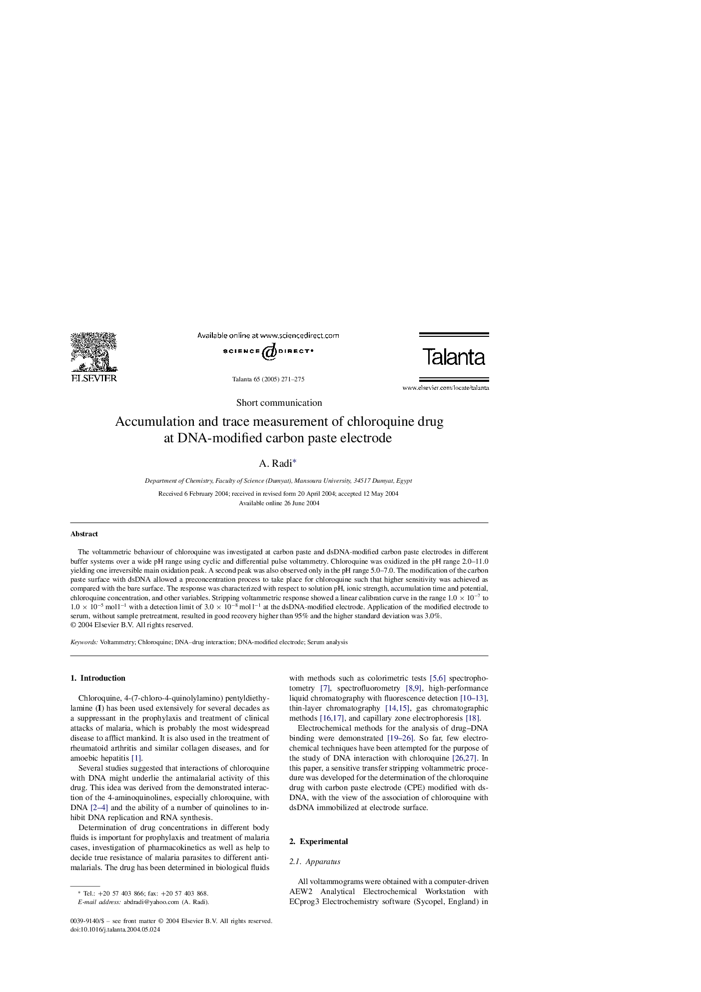 Accumulation and trace measurement of chloroquine drug at DNA-modified carbon paste electrode