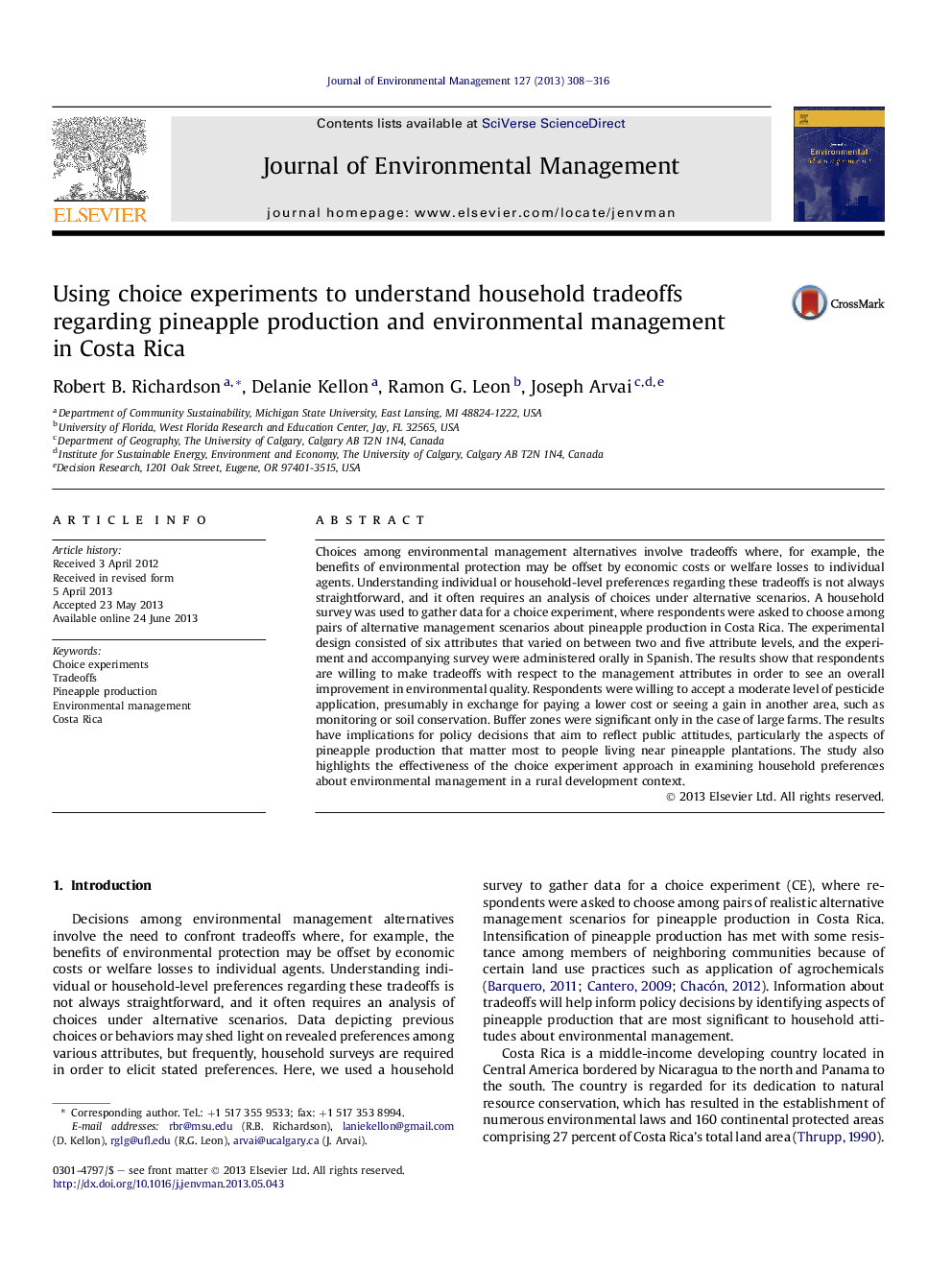 Using choice experiments to understand household tradeoffs regarding pineapple production and environmental management in Costa Rica