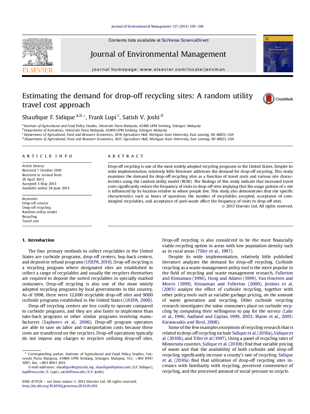 Estimating the demand for drop-off recycling sites: A random utility travel cost approach