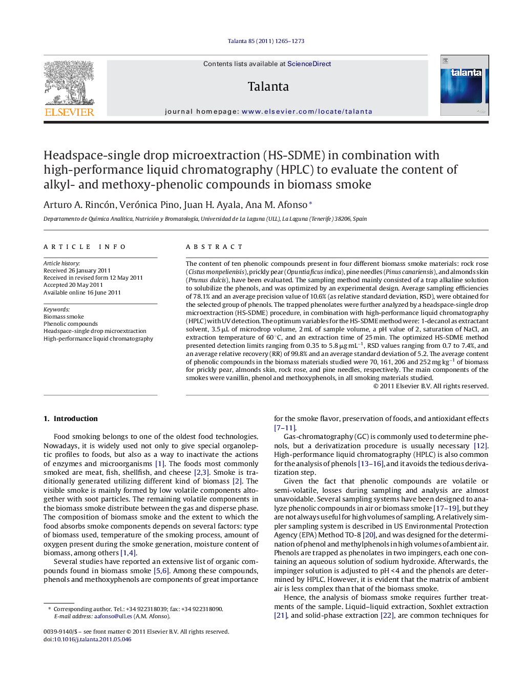 Headspace-single drop microextraction (HS-SDME) in combination with high-performance liquid chromatography (HPLC) to evaluate the content of alkyl- and methoxy-phenolic compounds in biomass smoke