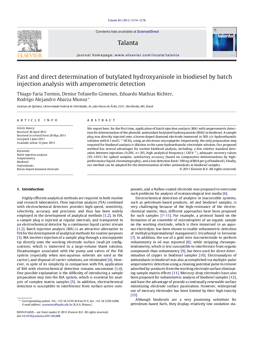 Fast and direct determination of butylated hydroxyanisole in biodiesel by batch injection analysis with amperometric detection