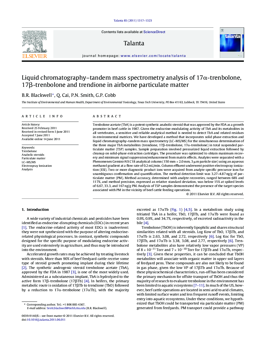 Liquid chromatography-tandem mass spectrometry analysis of 17Î±-trenbolone, 17Î²-trenbolone and trendione in airborne particulate matter